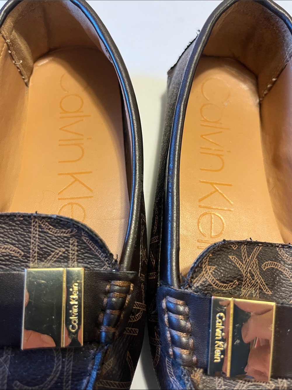 Calvin Klein Lisa Dark Brown Monogram Loafers with Gold Accent - Picture 3 of 9